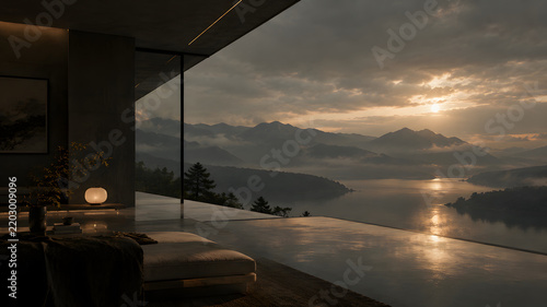 Tranquil Residence Amid Misty Lake and Mountains at Dawn