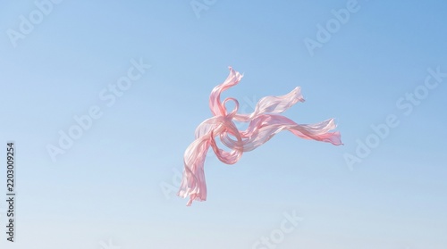 Elegant pink silk fabric flying through clear blue summer sky
