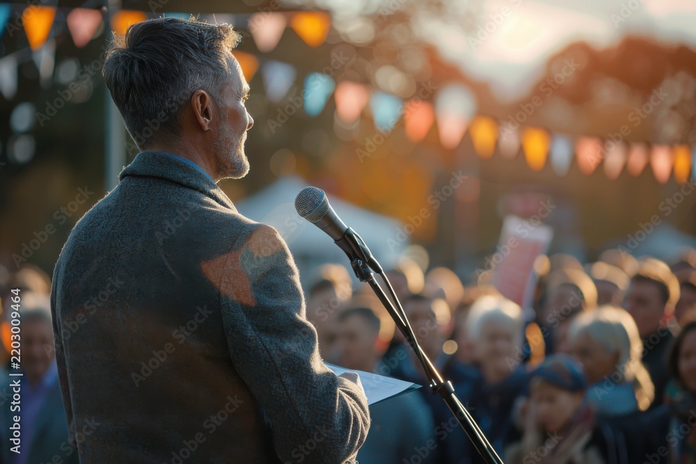 Obraz premium Man politician doing a speech outdoor in front of a crowd of members of a political party