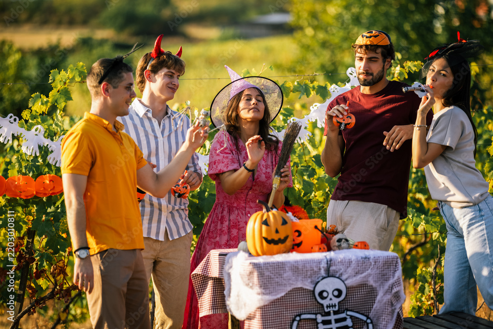 Obraz premium Friends enjoying a Halloween celebration together in a sunny vineyard.