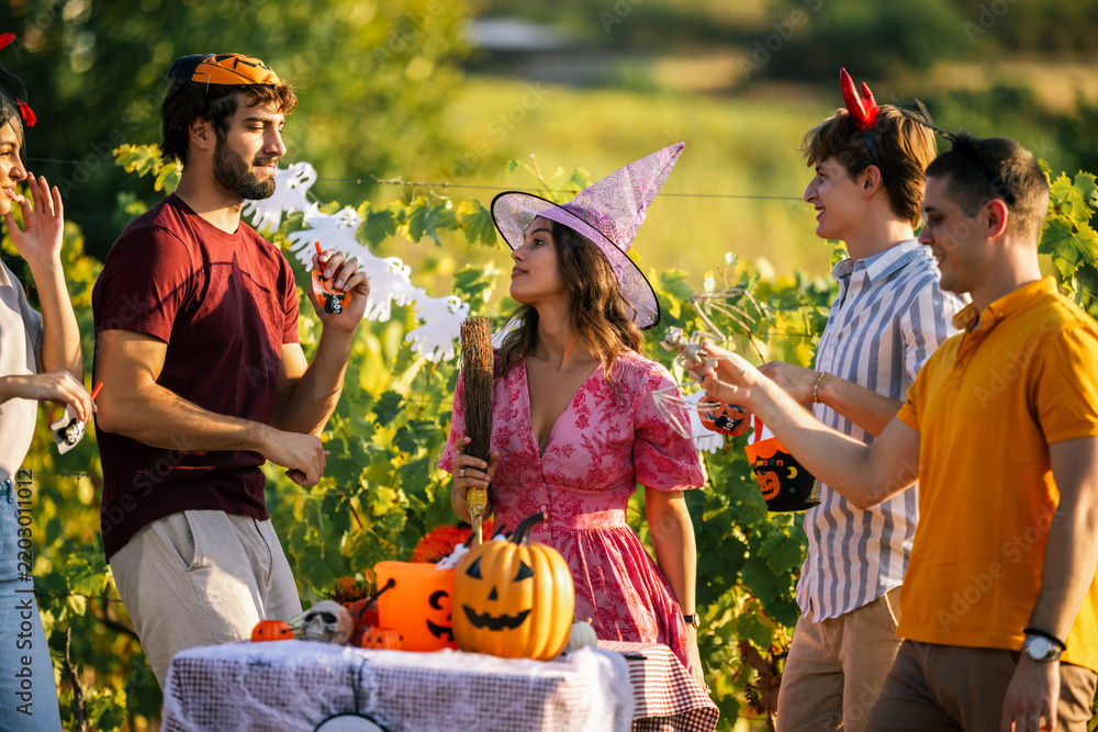Obraz premium Young adults chatting and celebrating Halloween at an outdoor vineyard party.