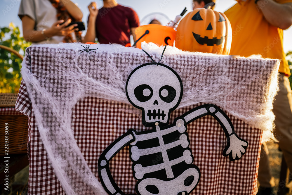 Obraz premium Close-up of Halloween table decorations featuring a skeleton figure, spider web, and carved pumpkin outdoors.