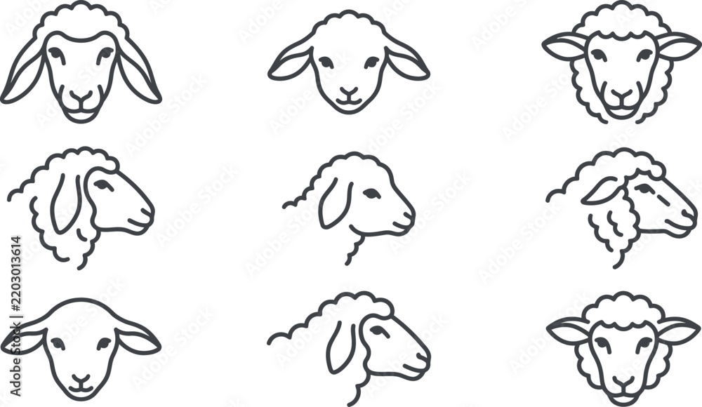 Obraz premium Sheep and lamb head line art icon set featuring various minimalist ram ewe faces profiles and outlines for farming agriculture logos vector