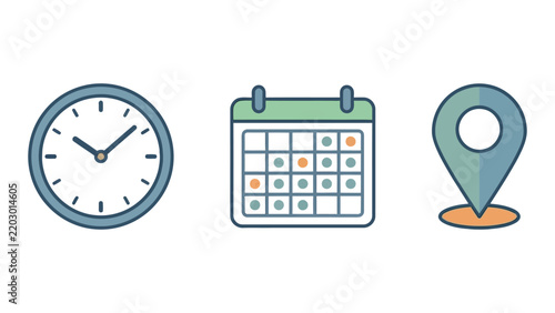 Illustrated icons representing time schedule and location in a flat design style with icons clock calendar calendar map pin