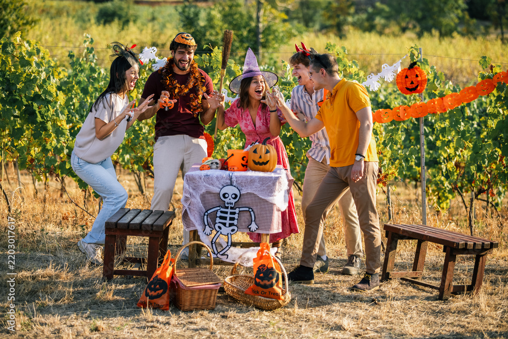 Obraz premium Group of cheerful young friends in costumes celebrating Halloween outdoor party in a vineyard.