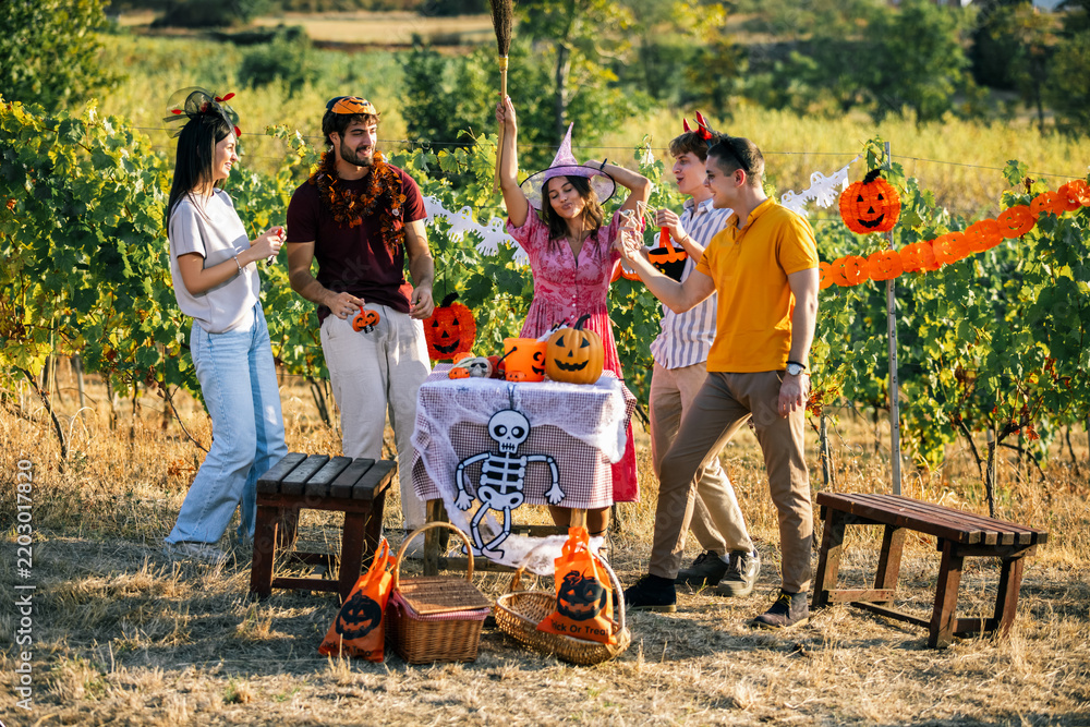 Obraz premium Full length view of friends celebrating Halloween party in a sunny autumn vineyard.