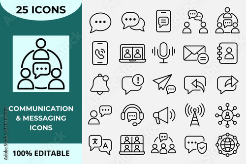 Communication and Messaging Outline Icon Set with Chat Email Voice Call Contacts Notifications and Conversation Symbols.