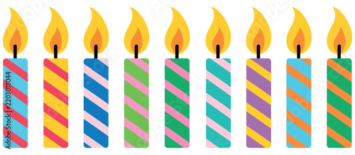row of colorful striped birthday candles with flames, festive party decoration for birthday celebrations, cheerful cake topper elements, vibrant holiday composition, joyful celebration graphic.