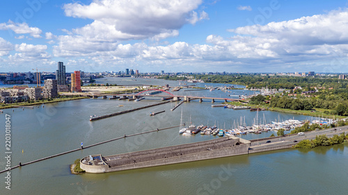 Photography Aerial view of the Zeeburgertunnel with Amsterdam skyline in the Netherlands