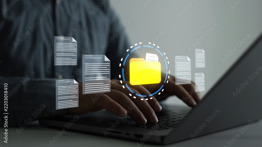 Obraz premium Document management system(DMS) with file folders and archive storage. Digital organization helps manage records, data and business information. 