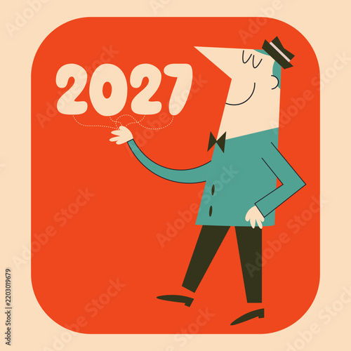 2027 New Year Mid-Century Cartoon Mascot – Vintage Retro Character Presenting New Year
