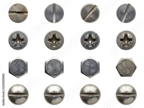 Various types of screw heads and bolts isolated on transparent background