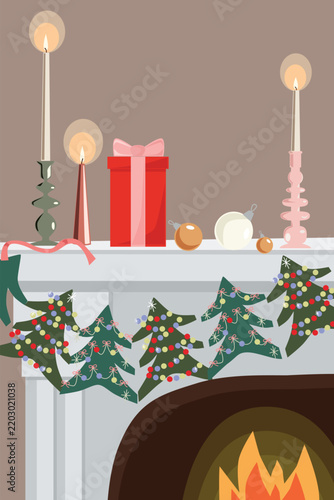 Christmas flat illustration of a cozy fireplace decorated with a festive paper tree garland, burning candles in elegant candlesticks, a red gift box, and golden baubles. Warm New Year interior decor v