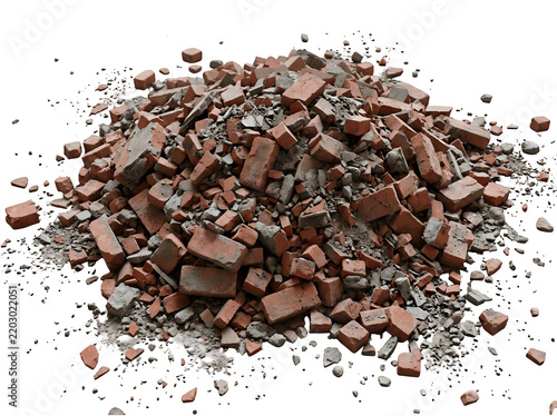 A pile of red bricks and rubble isolated on transparent background