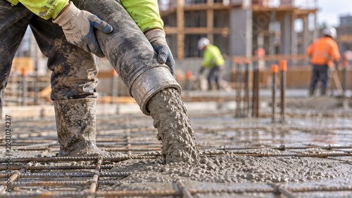 Workers pour concrete at a construction site in the city during the day with a focus on the concrete being spread
