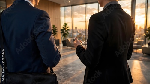 Two businessmen having a conversation in a modern office