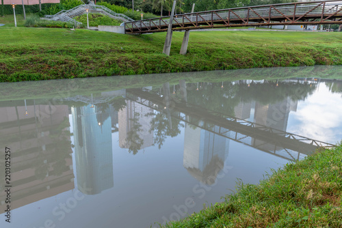 Reflections of the Houston, Texas skyline in the Buffalo Bayou