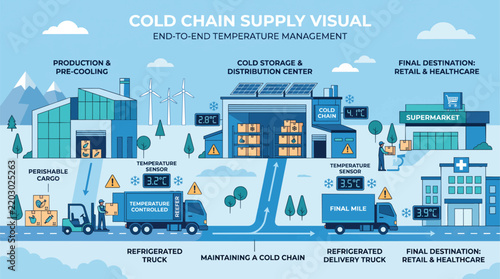Cold chain supply infographic with refrigerated truck and sensors
