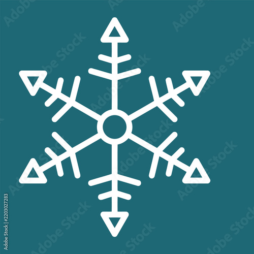 White line art snowflake symbol graphic isolated on solid dark teal blue background with snowflake seasonal christmas background illustration geometric decorative