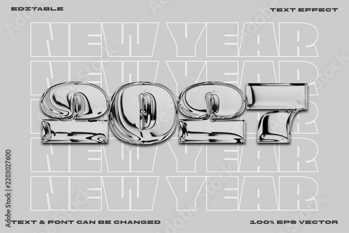 2027 New Year Expressive liquid chrome text effect template with gothic blackletter font on abstract background