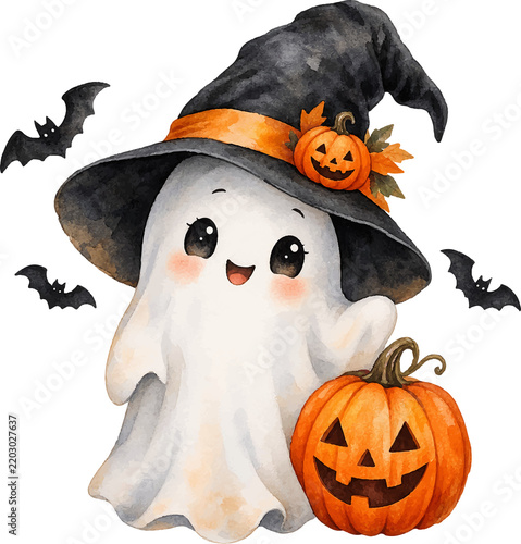 Cute Watercolor Halloween Ghost Wearing Witch Hat with Orange Pumpkin and Flying Bats – PNG Transparent