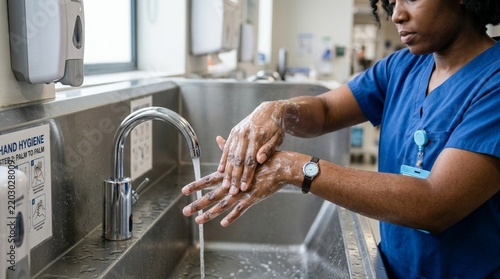 Nurse washing hands under tap, hospital sink, hygiene, healthcare
