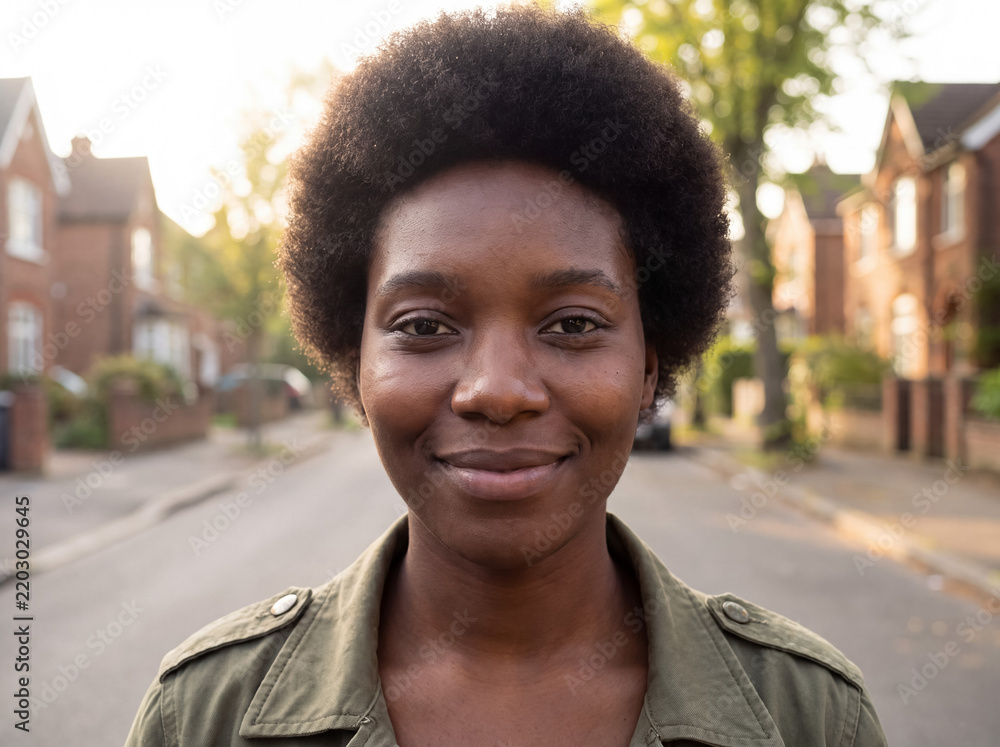Fototapeta premium Smiling young black woman standing on a residential street at sunset, looking confident and happy