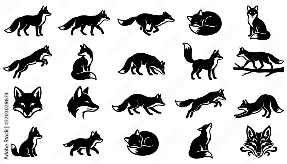 Obraz premium Fox Silhouettes Set with Various Poses and Actions, Including Sleeping, Running