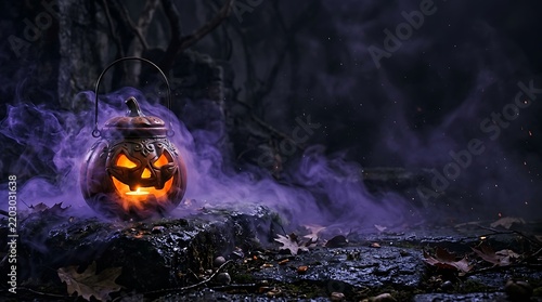 Glowing jack o lantern pot sits on dark stone surface surrounded by thick purple mist under soft low light creating a spooky halloween festive mood