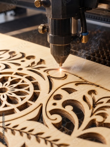 Laser cutter engraving intricate design on wood in a workshop during daytime