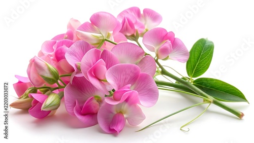 Pink Sweet Pea Flower Cluster with Delicate Petals and Green Leaves on White Background