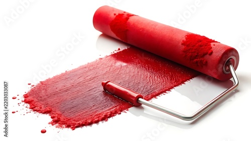 Red Paint Roller Covered with Thick Dripping Pigment on White Background