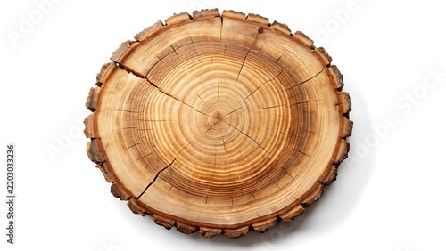 Top View of Circular Wooden Tree Stump with Detailed Growth Rings and Dark Bark on White Background