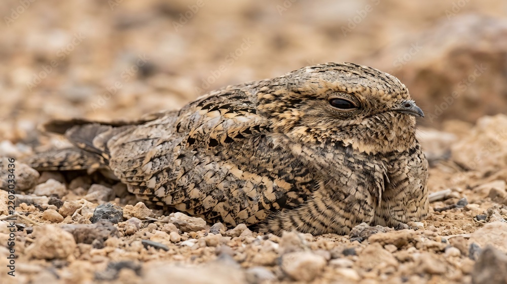 Obraz premium bExtreme Macro of a Camouflaged Egyptian Nightjar Resting on Desert Gravel