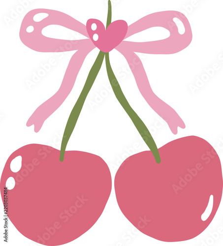 cute pair of cherry fruit with heart ribbon vector cartoon illustration