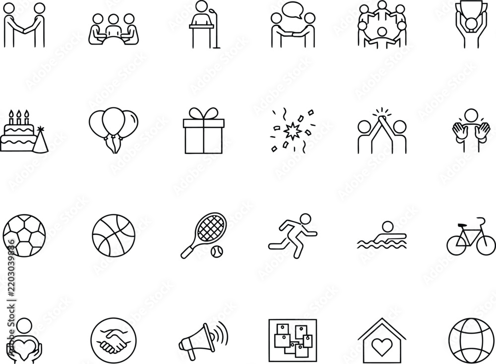 Obraz premium Set of diverse flat icons representing family, celebration, sports, and daily activities