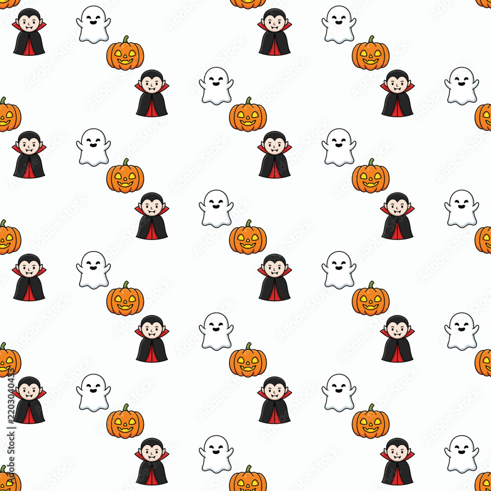 Fototapeta premium Tileable Halloween background with adorable pumpkin, ghost, and vampire in half-drop seamless pattern