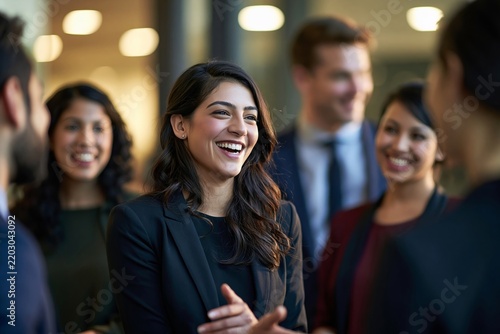 Smiling young businesswoman talking with colleagues at a corporate networking office event