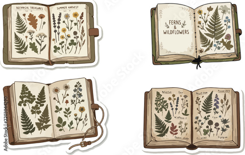 Illustrated open books with ferns and wildflowers