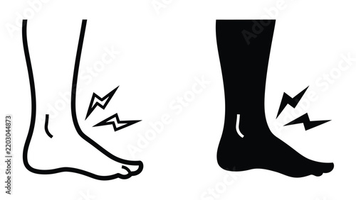 Ankle injury vector icon set featuring foot pain symbol in line and solid black styles