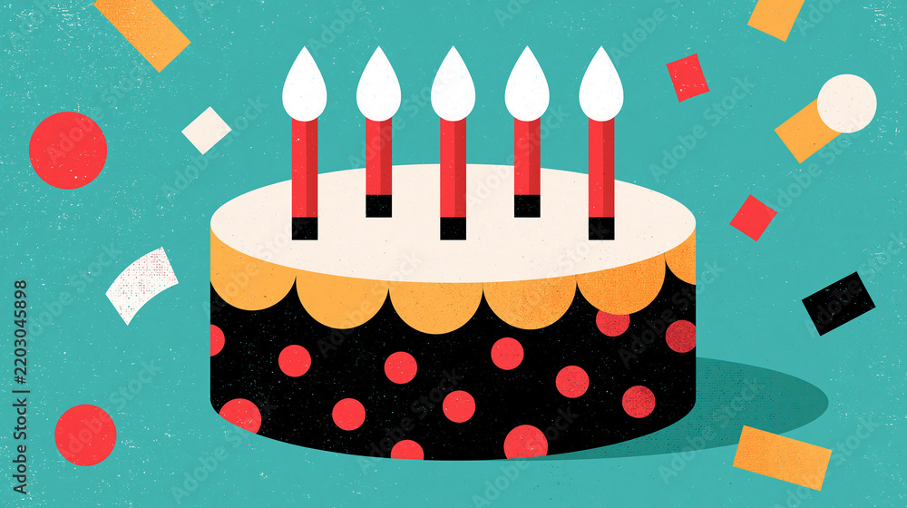 Fototapeta premium Geometric-style vector illustration of a birthday cake with candles surrounded by confetti shapes, retro celebration design, with copy space