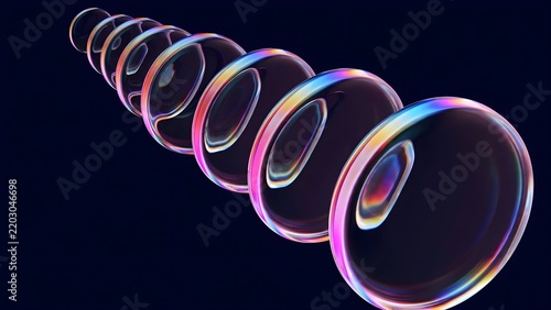 Abstract line of glowing iridescent glass spheres