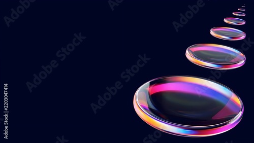 Abstract 3D render of iridescent glass discs in perspective