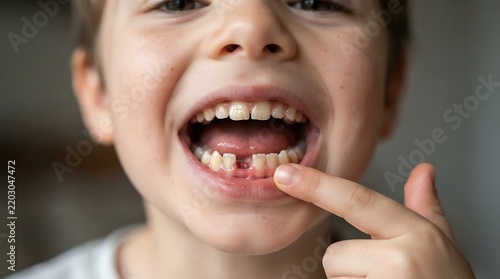 Young boy pointing at his missing baby tooth with an open mouth in a close up shot