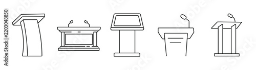 Collection of podiums with microphones for presentations and public speaking events vector illustration.
