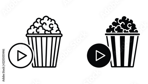 Popcorn bucket with play button for cinema and video streaming service vector icon
