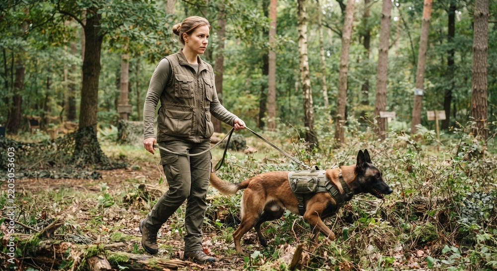 Obraz premium Female forest ranger walking through a woodland trail with a trained military dog on a leash.