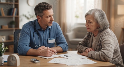 Caring male doctor administering cognitive drawing test to senior female patient during consultation in bright office.