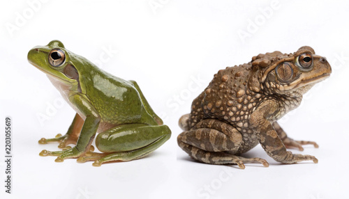 A green frog and a brown toad side by side against a plain white background with positioned white surface profile view smooth textured brown close up environment