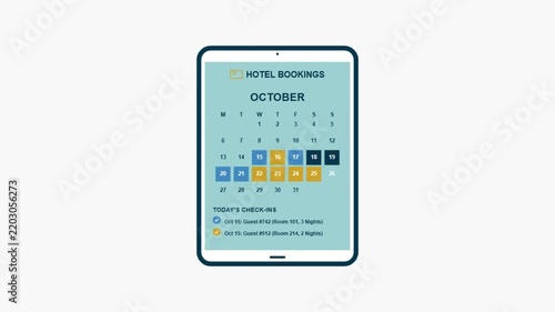 Digital Tablet Displaying Online Hotel Reservation Schedule and Guest Check-in Information for October
